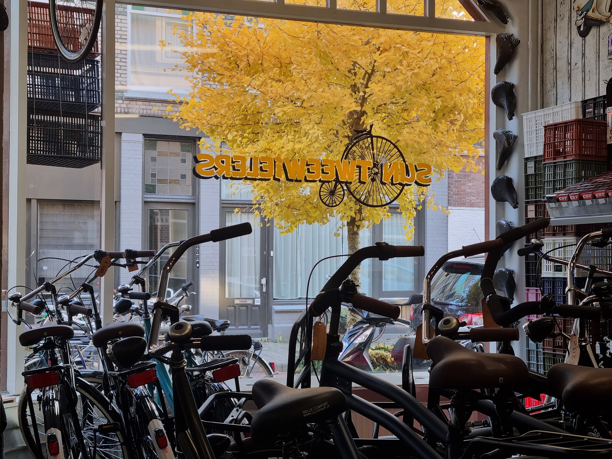 Uitzicht vanuit de winkel door het raam met de gele letters Sun Tweewielers, met fietsen op de voorgrond en een gele boom buiten